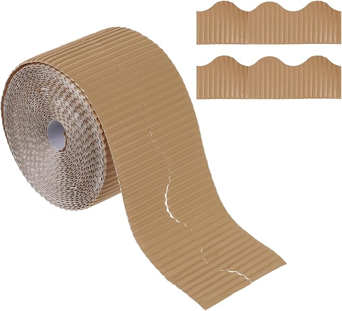 PATIKIL 3.9inch x 49.2ft Bulletin Board Border, Scalloped Trim Paper Corrugated Paper for Locker Classroom Decor Black White Cork Poster Boards, Light Brown