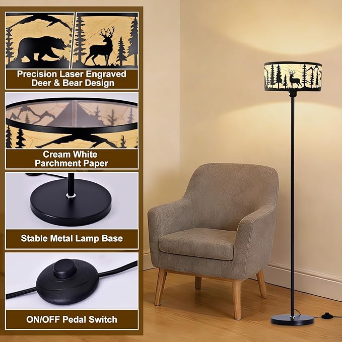 Mid Century Modern Floor Lamp,Unique Deer Bear Black Farmhouse Drum Gothic Floor Lamp with White Parchment,57.67" Tall Metal Rustic Standing Light for Living Room,Bedroom,Home,Office,Corner
