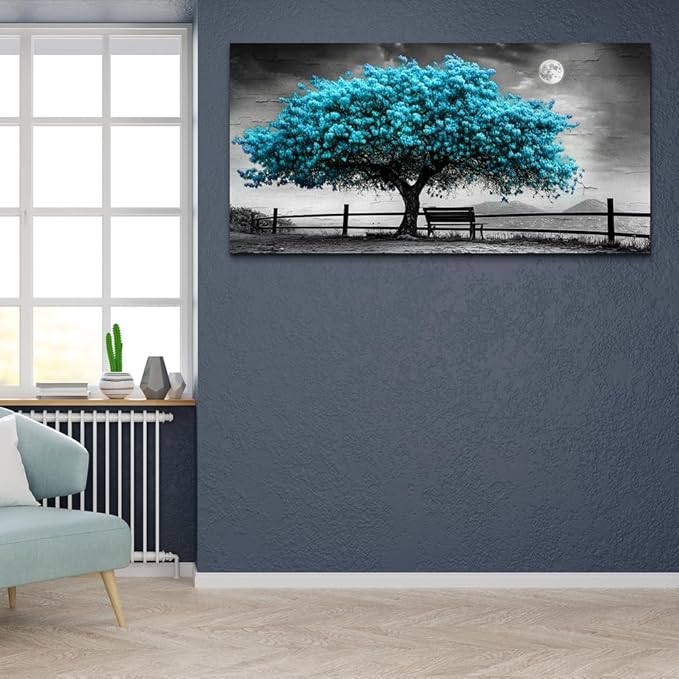 KELIYUAN Canvas Blue Tree Painting Wall Art Home Decoration Large Size Black And White Suitable For Living Room Office Bedroom Wall Decoration Printed Painting Modern Can Be Hung Directly 30x60 In