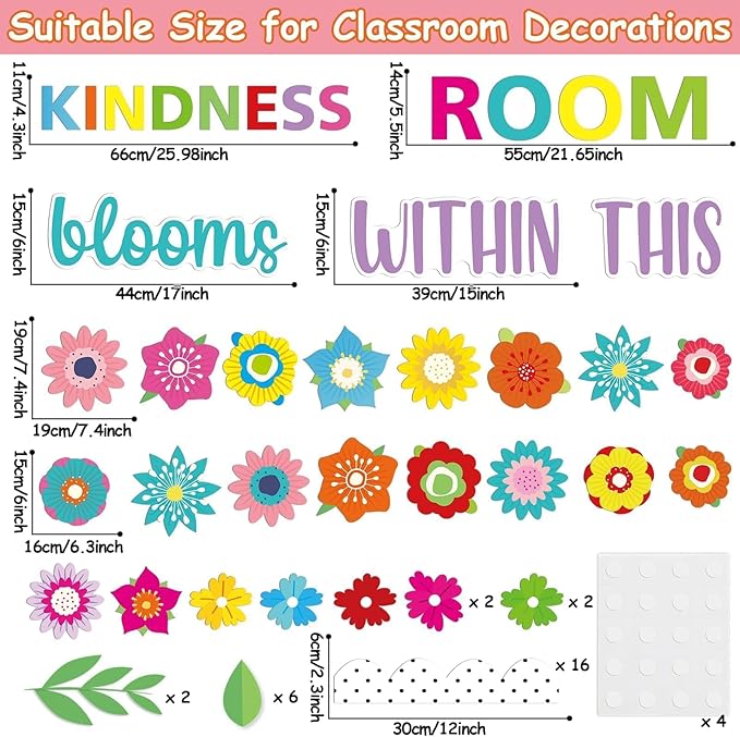 65pcs Spring Floral Classroom Bulletin Board Decoration Colorful Flower Kindness Blooms Flower Cutouts Floral Inspirational Bulletin Board for Spring Back to School Chalkboard Supplies Wall Decor
