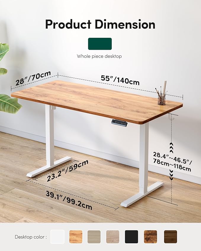 CubiCubi 55 x 24 Large One-Piece Standing Desk, Adjustable Height Electric Computer Home Office Sit Stand up Workstation, with 4 Memory Presets, Headphone Hook, Light Rustic