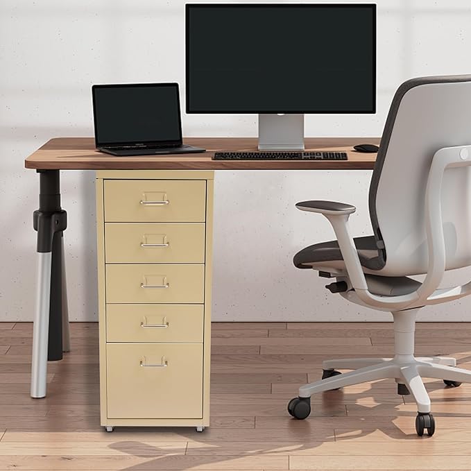 Metal File Storage Cabinet,Side Storage Organizer,Freestanding Storage Unit,Metal Garage Storage Drawers,Storage Cabinet with 5 Drawers and Wheels for Office,Home,School，Beige,11*16.1*27.1in