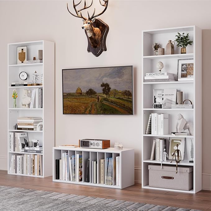 6-Tier Bookshelf & Bookcase Set of 2, Floor Standing Open Book Shelf, Wooden Display Storage Shelves with Anti-Tipping Device, 71" Tall Bookshelves for Bedroom, Living Room and Office, White