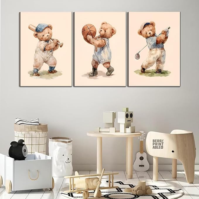 Teddy Bear Sports Nursery Animal Canvas Wall Art Cute Woodland Rugby Wall Decor Pictures Vintage Basketball Baseball Kids Room Poster Prints for Boys Room Bedroom Playroom Decorations16x24in canvas