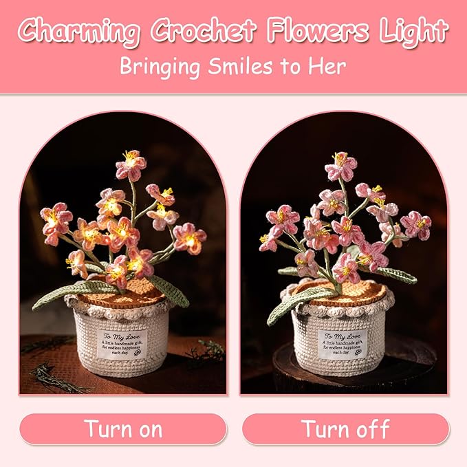 Forget Me Not Flower Lamp - Pink Crochet Artificial Flowers with Night Light, Cordless Table Lamp, Cozy Home Decor Crochet Gifts