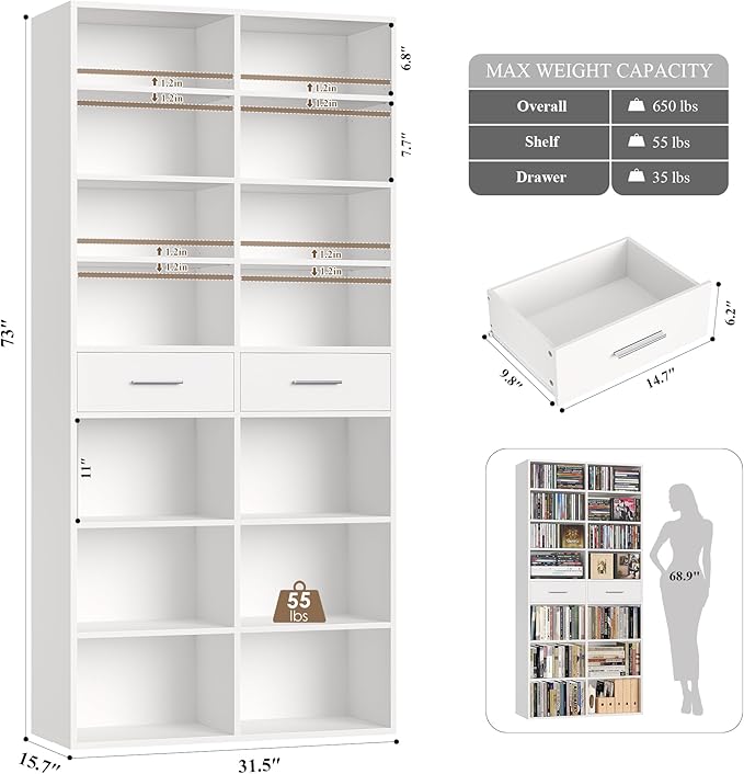 HOSTACK 73" Tall Bookshelf with Drawers, 7-Tier White Bookshelf with Storage, Double Wide Bookcase with 14 Open Book Shelves, Wood Book Case with Adjustable Shelves for Media CD DVD Storage, White