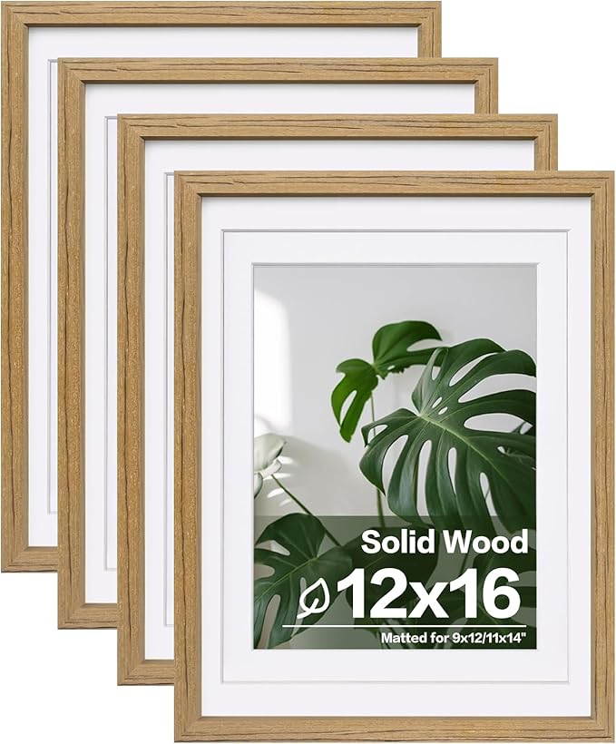 Egofine 12x16 Picture Frame with Plexiglass Made of Solid Wood, Display Pictures 9x12/11x14 with Mat or 12x16 Without Mat Set of 4 for Wall Mounting, Carbonized Brown
