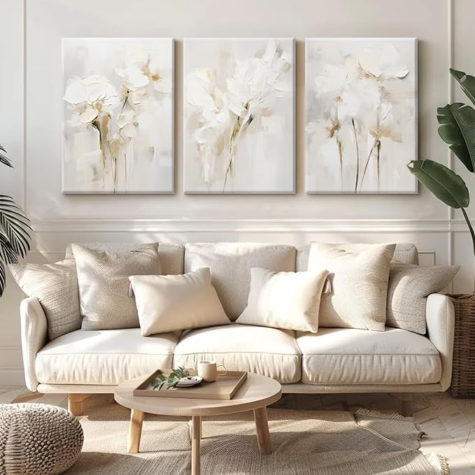 Neutral Wall Art Abstract Floral Canvas Pictures Beige Flower Wall Decor Modern Painting Minimalist Poster Abstract Botanical Prints White Artwork for Bedroom Living Room 12x16x3 Inch Ready to Hang