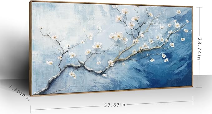 Extra Large Framed Floral Wall Art - 58x29 Inch Blue and White Plum Blossom Canvas Print with Wooden Frame - Elegant Botanical Decor for Bedroom & Living Room