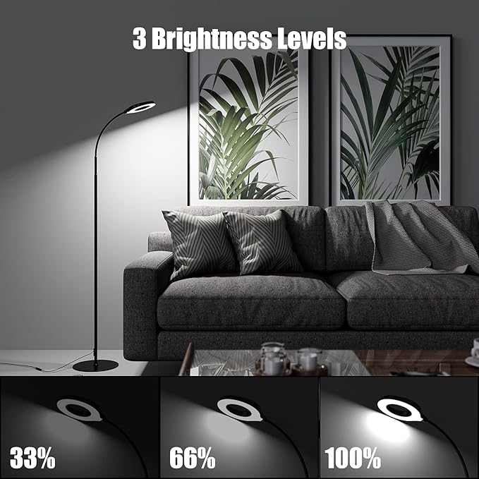 JKSWT LED Floor Lamp, 3 Brightness Levels Eye-Caring Dimmable Standing Reading Lamp 4000K Colors temperatures with Adjustable for Living Room Bedroom Reading - Black