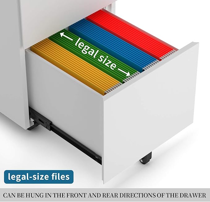 2 Drawer Locking File Cabinet with Wheels, Mobile Metal Filing Cabinet for Home and Office, Steel, White