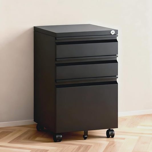 3 Drawer File Cabinet with Lock,Rolling Mobile File Cabinet with Wheels for Home Office,Under Desk Metal Filing Cabinet,Office Storage Organizer,Fully Assembled,Black