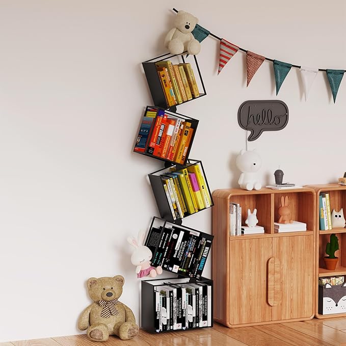 5-Tier Metal Bookshelf – Modern Geometric Narrow Bookcase with Matte Black Finish, Tall Storage Organizer Display Shelf for Living Room, Bedroom, Office, Small Spaces