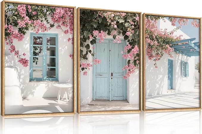 HOURIA Spring Modern Greek Island Cityscape Framed Canvas Wall Art Set,European White House Blue Door Shutter Landscape Wall Decor,Santorini Natural Pink Flower Artwork for Living Room, Bedroom-24"x36"x3