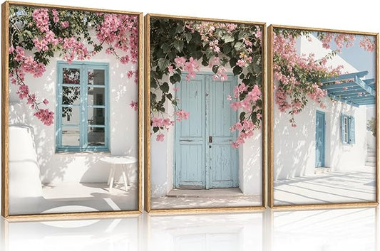 HOURIA Spring Modern Greek Island Cityscape Framed Canvas Wall Art Set,European White House Blue Door Shutter Landscape Wall Decor,Santorini Natural Pink Flower Artwork for Living Room, Bedroom-24"x36"x3