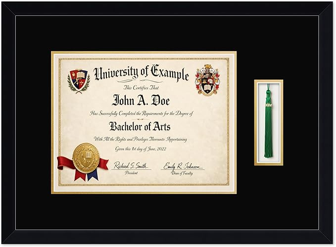 CountryArtHouse Diploma and Tassel Frame Fits 13 x 10 College Diploma (Traditional) with Tassel Matte Black Genuine Hardwood Shadowbox with Black Over Metallic Gold Double mat