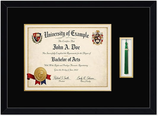 CountryArtHouse Diploma and Tassel Frame Fits 13 x 10 College Diploma (Traditional) with Tassel Matte Black Genuine Hardwood Shadowbox with Black Over Metallic Gold Double mat
