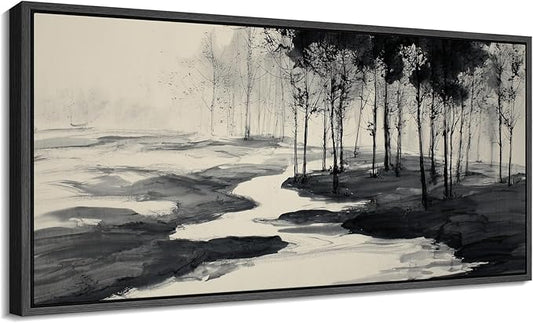 SIGNFORD Extra Large Framed Canvas Print Wall Art Minimalist Ink Forest Landscape Illustrations Modern Art Calm Warm for Living Room, Bedroom, Office - 60"x30"