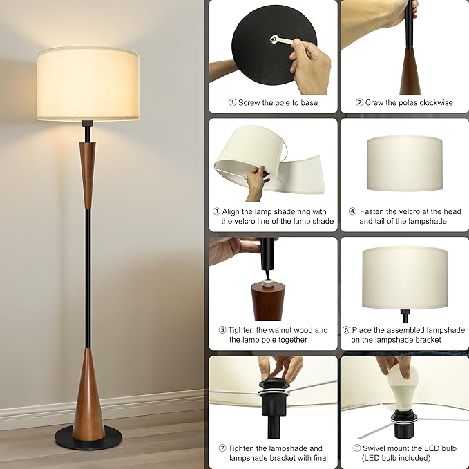 Floor Lamp for Living Room, Wood 3 Color Temperatures & Linen Shade, Modern Reading Standing Lamp with 9W LED Bulb, Mid Century Night Light for Farmhouse, Bedroom, Office
