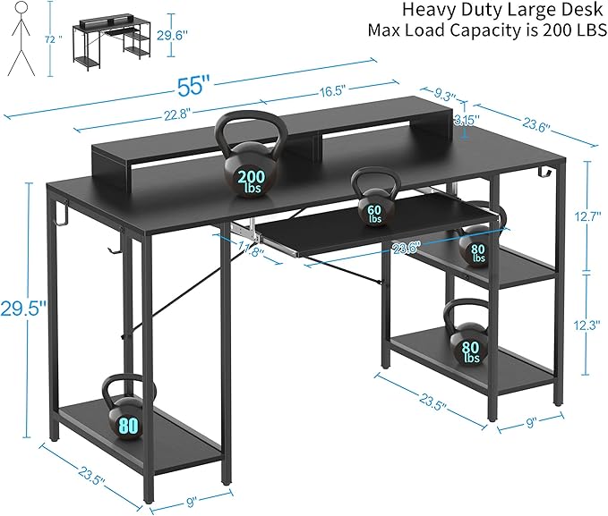 Workstation Desk with Keyboard Tray, 55 Inch Computer Desk with Storage Shelves Monitor Stands and 4 Iron Hooks, Industrial Desk for Home Office