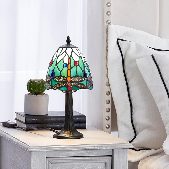 Dragonfly Stained Glass Mini Table Lamp, Handmade Tiffany Style Desk Light with LED Bulb, Easy Assembly, Heavy Stable Base for Bedroom, Living Room, Office & Study.