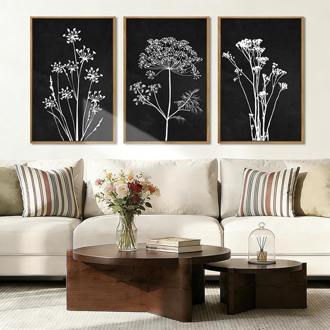 BINCUE Framed Botanical Wall Art Black Grey and White Plant Floral Print Canvas for Living Room Bedroom Office 3 Panel 16x24 Inches