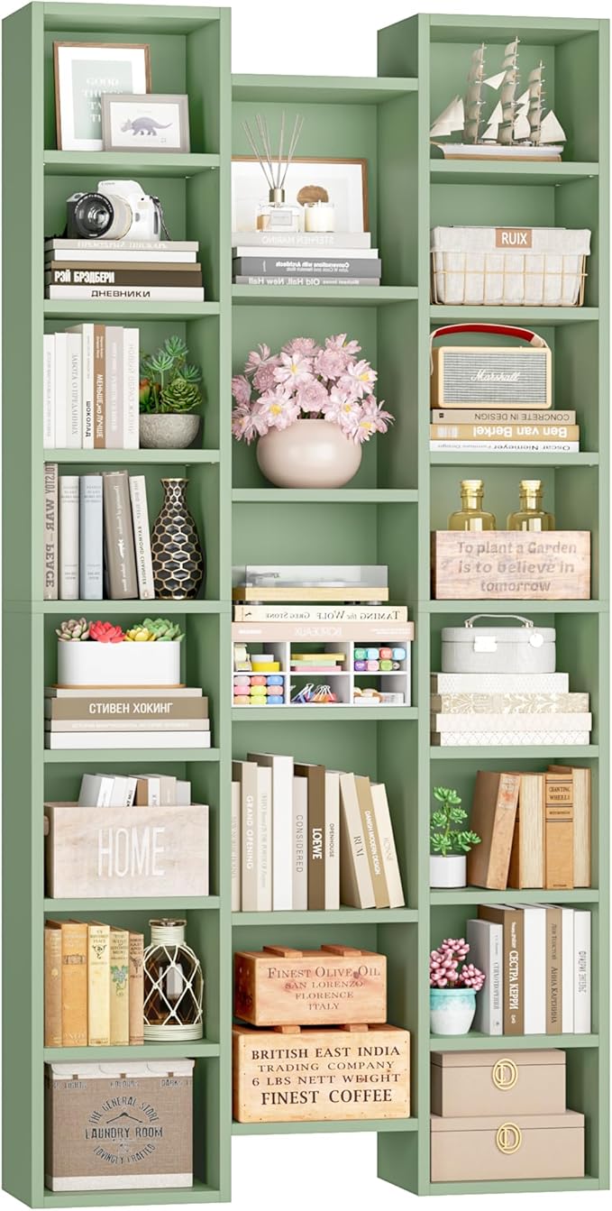 FOTOSOK 71'' Tall Bookshelf with 21 Cubes, 8 Tier Triple Wide Bookshelf with 8 Adjustable Shelves, 35" Large Bookcase DVD/CD Media Tower Storage, Freestanding Display Shelf Cabinet, Green