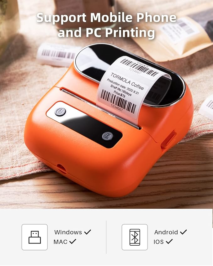 Phomemo M220 Label Maker Orange & 1 Roll Transparent Thermal Label 1.96"x1.18"(50x30mm), Upgrade 3 Inch Barcode Portable Printer, for Office & Small Business, Compatible with Phones&PC
