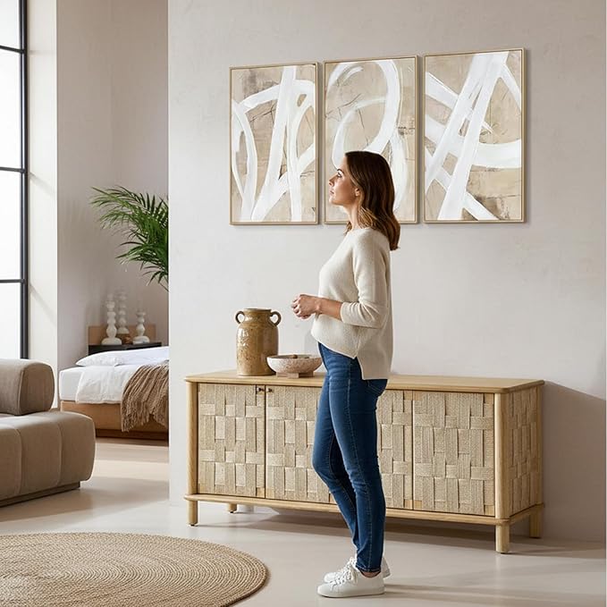 Zessonic Neutral Abstract Wall Art Minimalist White Brown Pastel Paint Strokes Shapes Textured Framed Wall Decor Artwork Canvas Paintings- Living Room Bedroom Office Modern Neutral 16"x24" 3 piece