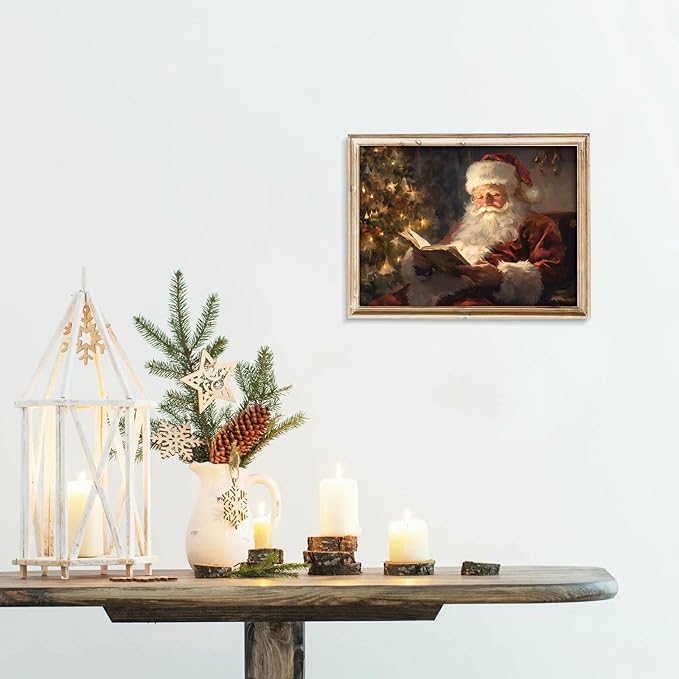 uniro Vintage Christmas Wall Art Santa Reading Book Christmas Oil Painting Printable Art Cottagecore Academia Art Christmas Decor Winter Farmhouse Holiday Wall Decor for Bedroom, Living Room, Gallery, winter Room Decor, Holiday Decoration Gifts( 8" x 1...