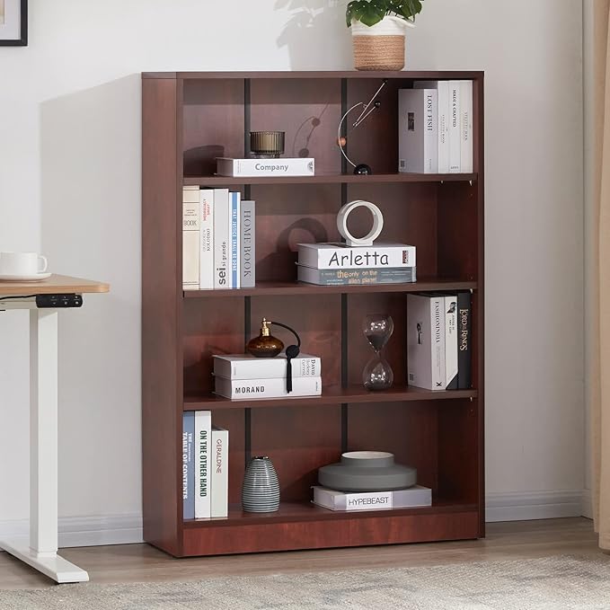 Farini Cherry Bookshelf for Bedroom 4 Shelf Office Bookcase 48 Inches Tall Modern Wood Bookshelf for Living Room 4 Tier Wide Manga Books