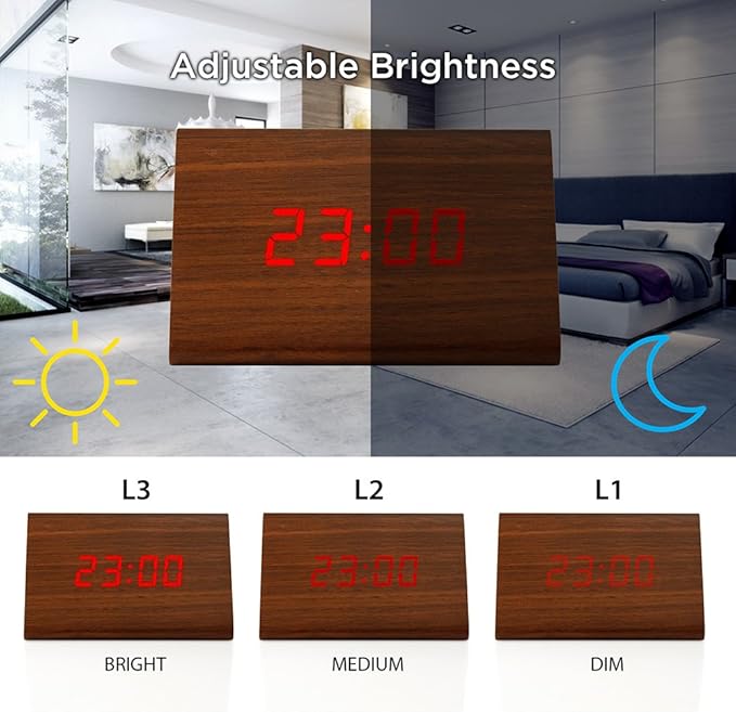 OCT17 Wooden Wood Clock, New Version LED Alarm Digital Desk Clock Adjustable Brightness, Alarm Time, Displays Time Date Temperature - Brown