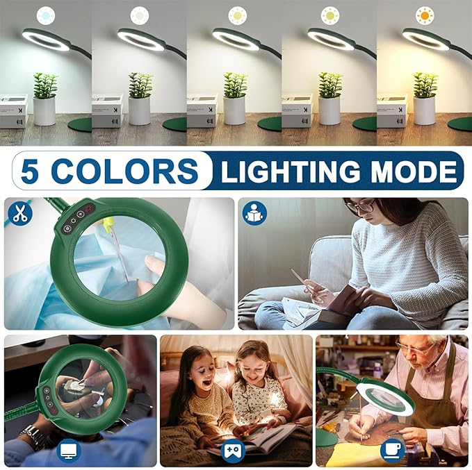 10X Magnifying Glass with Light, Real Glass Lens, 5 Color Modes Dimmable, Flexible Gooseneck Lighted Magnifier with Stand, LED Desk Lamp Hands Free for Crafts Painting Reading Close Work, Green