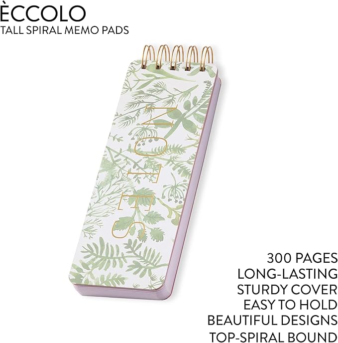 WORLD TRAVELER Eccolo Tall Spiral Memo Pad, 300 Pages, 150 Sheets, Double Spiral Binding, Office Essentials for Work, List Notepad for Students, Class and Shopping, Botanicals (Green, 3x8.5 inches)