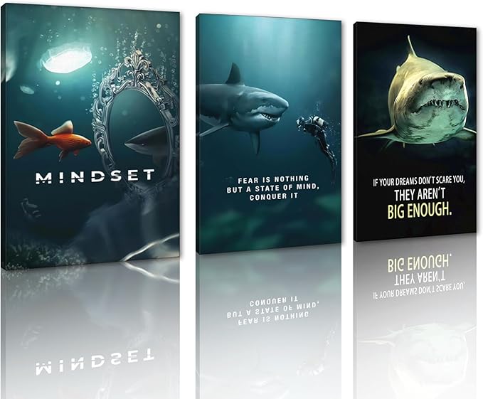 Inspirational Quotes Wall Art - Modern Shark Canvas Print Framed Mindset Posters Motivational Wall Decor for Office Gym Living Room Home (24 x 36 in x 3 Set)