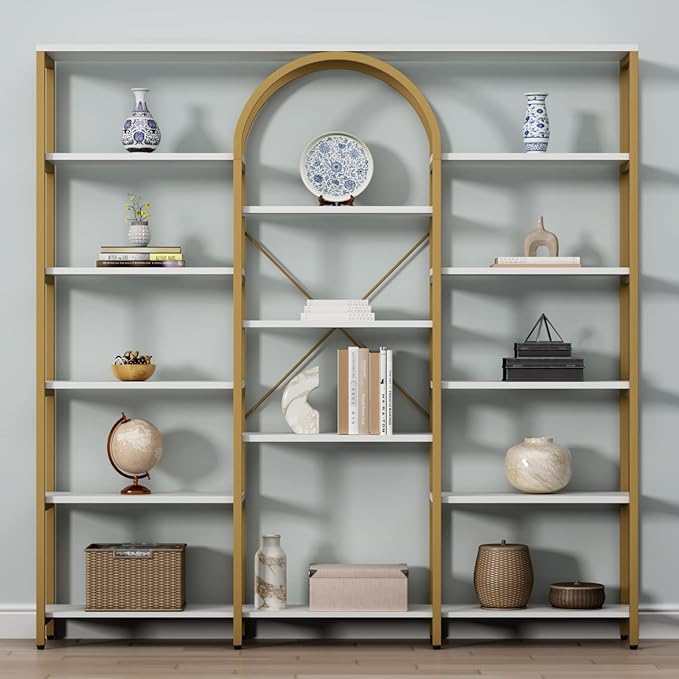 Auromie Triple Wide Gold Bookshelf, 70.87" W x 71.34" H Large Modern Etagere Bookcase, Tall Display Shelf with 13-Tier Open Shelves, Freestanding Staggered Storage Shelf for Home Office, White/Gold
