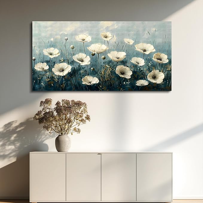 FUHAIHUA Canvas Wall Decor For Bedroom Large Wall Art For Living Room Office Decorations White Flowers Landscape Painting Modern Wall Pictures Aesthetics Posters Ready To Hang Home Decor 24x48 In