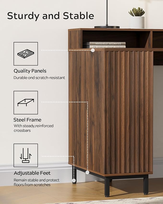 Brown Fluted Executive Desk with Storage Shelf & File Drawer, 55" Modern Wood Office Desk with Monitor Stand & Charging Station, Home Writing Computer Table for Work Study