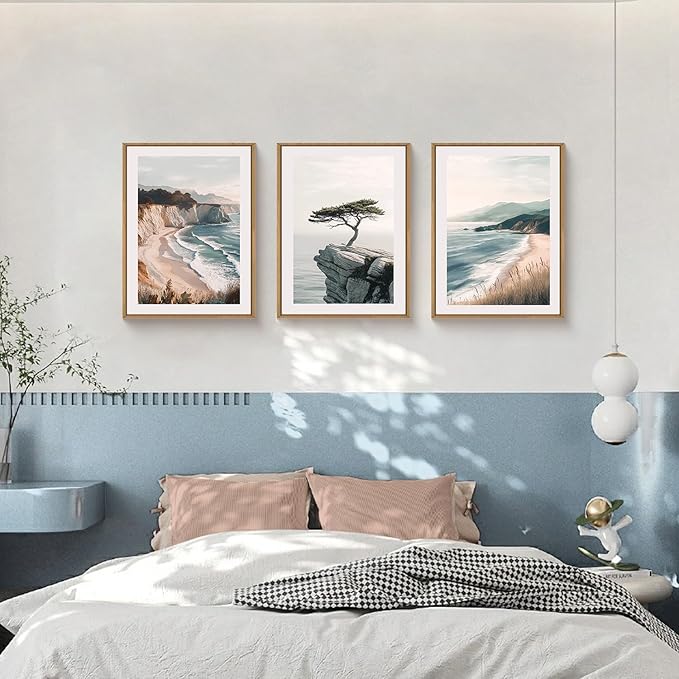 Amalfi Coastal Beach Framed Canvas Wall Art Set, Summer Ocean Wall Decor, Southwestern Beach Wall Painting, Ocean Seascape Art Prints for Living Room, Bedroom, Dining Room - 12"x16"x3