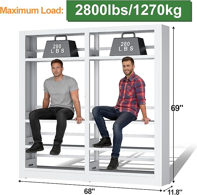 5-Tier Industrial White Metal Bookshelf - Freestanding Tall Storage Organizer for Living Room & Home Office, BSJ175-2
