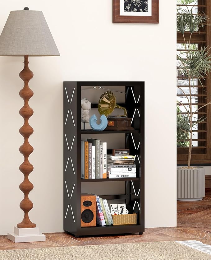 Narrow Bookshelf, 3-Tier Metal Bookcase with Adjustable Shelves - Anti-Tip Kit & Leveling Feet - Small Book Shelves Modern for Bedroom, Home Office, Small Space