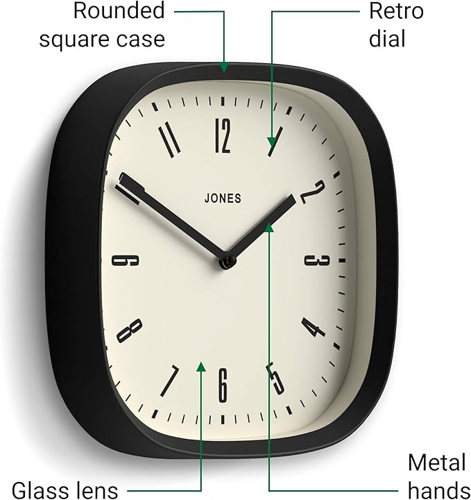 JONES CLOCKS® Marvel wall Clock | Modern Retro Rounded Square Clock | 10 inch | Black | Cool Designer Look for Kitchen, Living Room or Office