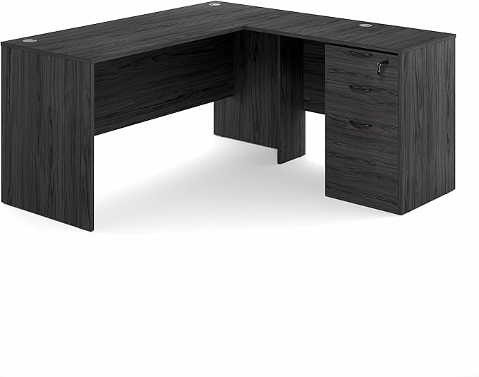 Furinno Roger 60 Inch L-Shaped Executive Desk with File Cabinet, L-Shaped Office Desk with 3-Drawer Fixed Pedestal Filing Cabinet, Desk Cord Grommet, for Home Office, Coastal Grey