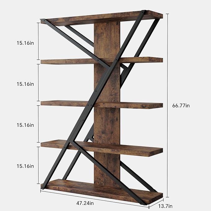 FUSUNBAO Industrial Bookshelf, Vintage 5-Tier Tall Bookcase with Wood and Metal Frame, Rustic Large Display Shelf for Home Office, 67" H x 47" L x 12" W, Rustic Brown