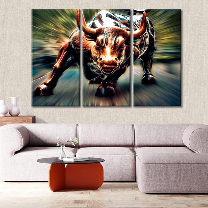 Large Wall Decor 3 Panel Wall Street Bull Painting on Canvas Prints Stretched and Framed Pictures to Photo Paintings Ready to Hang for Home Decorations Office Wall Decor - 60" Wx40 H