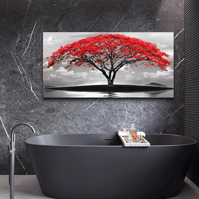 Wapluam Black And White Pictures Large Canvas Prints Wall Art For Living Room Bedroom Wall Decor Red Tree Landscape Painting To Hang Modern Home Decorations For Office Stretched And Framed Artworks