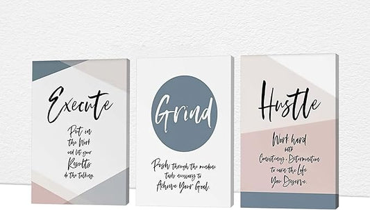 Office Wall Art - 3 Panel Motivational Wall Art, Inspirational Quotes Canvas Art for Home Office Wall Decor, Positive Quotes Wall Decor, Entrepreneur Grind Hustle Execution Poster Frame (20”x30”x3Pcs)