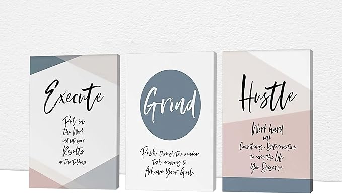 Office Wall Art - 3 Panel Motivational Wall Art, Inspirational Quotes Canvas Art for Home Office Wall Decor, Positive Quotes Wall Decor, Entrepreneur Grind Hustle Execution Poster Frame (12”x18”x3Pcs)
