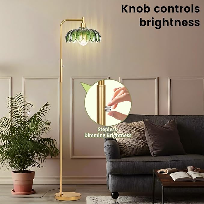 Glass Floor Lamp for Living Room, Dimmer Standing Lamp with Green Lampshade,66” Tall Lamp & Gold Floor Lamp for Bedroom Study Room,Brushed Gold LED Bulb Included (Flower Green Glass Shade)