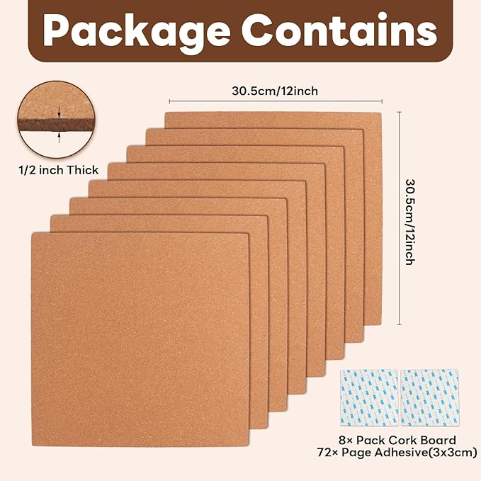 Corksidol Cork Board Tiles, 12" X 12" X 1/4",Corkboard, Premium Natural Cork for Bulletin Board, Mini Wall, 72 Self Adhesive Squares Included,8 Pack